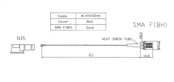 Mini Coaxial Cable Assembly with RF Connector H.FL Ø1.48 127mm SMA F Bulkhead Straight